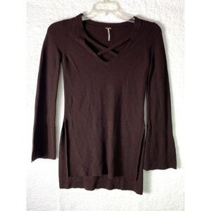 Free People Criss Cross Tunic Sweater XS Brown Linen Blend Knit Bell Sleeve Cuff